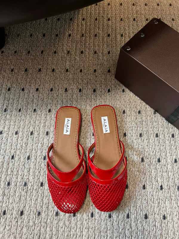 Alaia 25 Infradito Fishnet Flat Mules Red Lampskin 303710