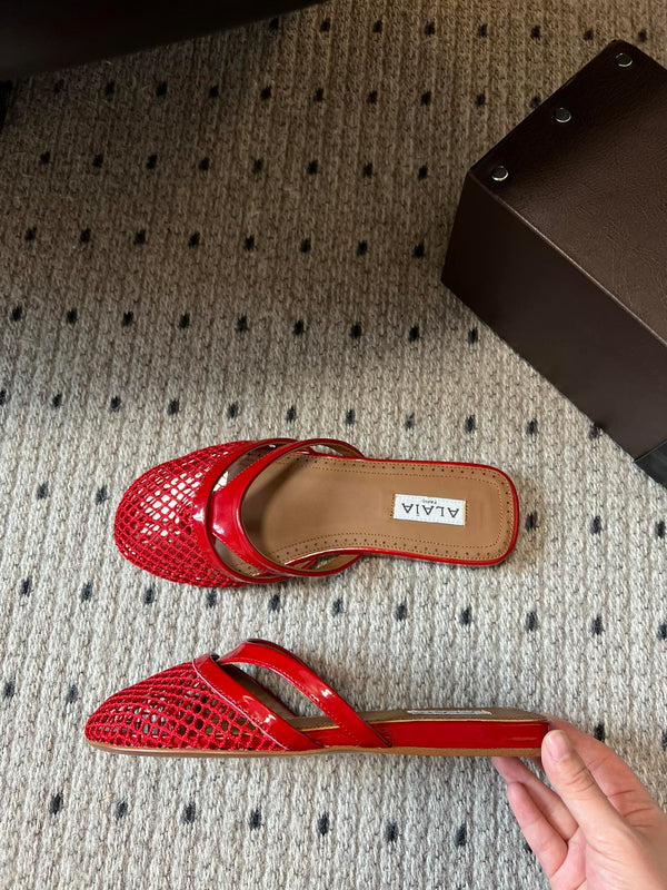 Alaia 25 Infradito Fishnet Flat Mules Red Lampskin 303710