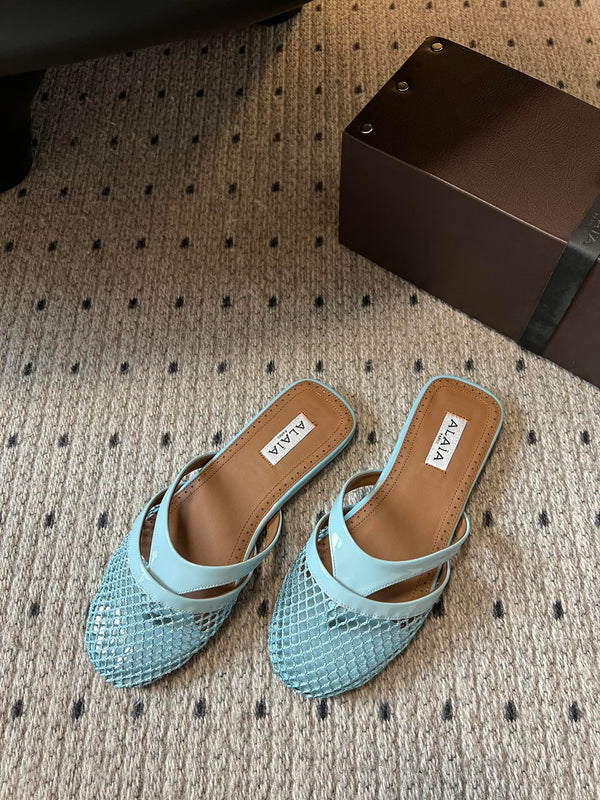 Alaia 25 Infradito Fishnet Flat Mules Lagoon Green Lampskin 303711