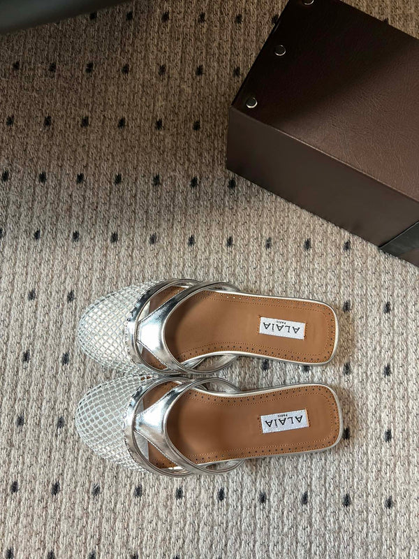 Alaia 25 Infradito Fishnet Flat Mules Silver Lampskin 303712