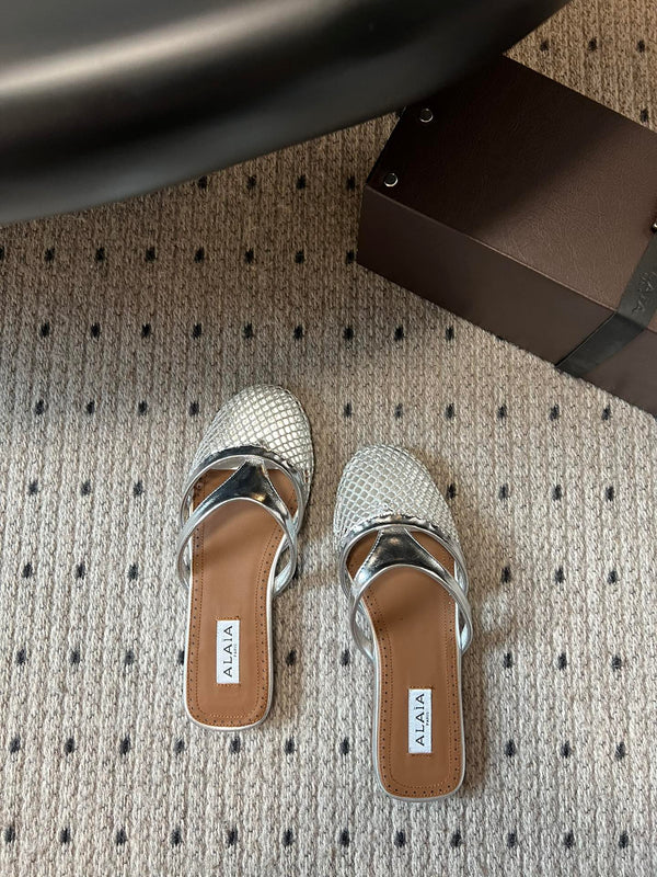 Alaia 25 Infradito Fishnet Flat Mules Silver Lampskin 303712
