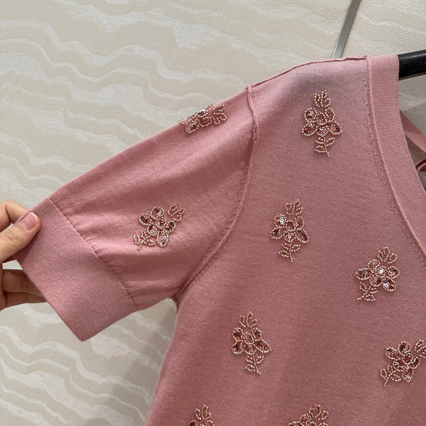 Fendi Beaded Flower V-neck Knitted Small Top Pink Wool