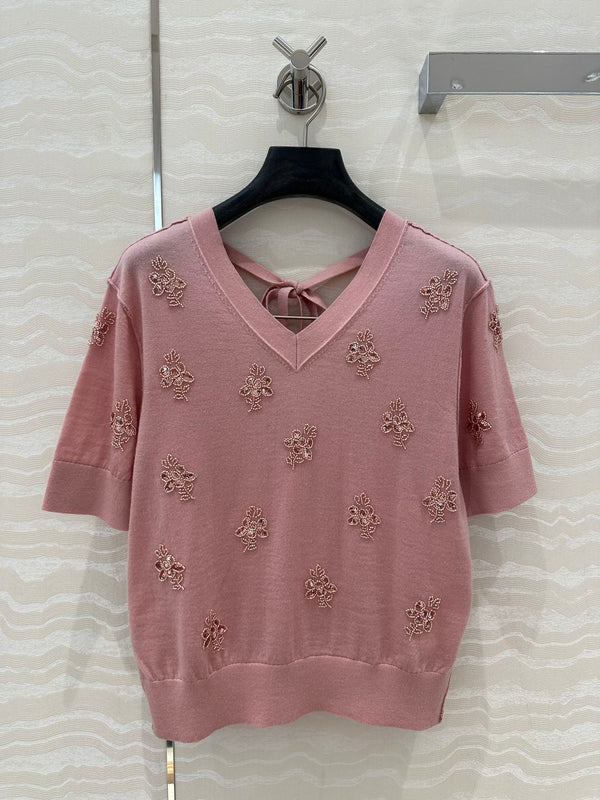 Fendi Beaded Flower V-neck Knitted Small Top Pink Wool