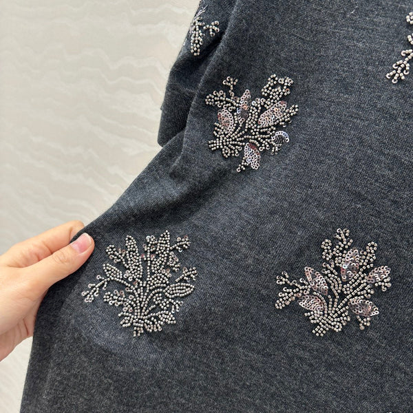 Fendi Beaded Flower Knitted Dress Black Gray Wool