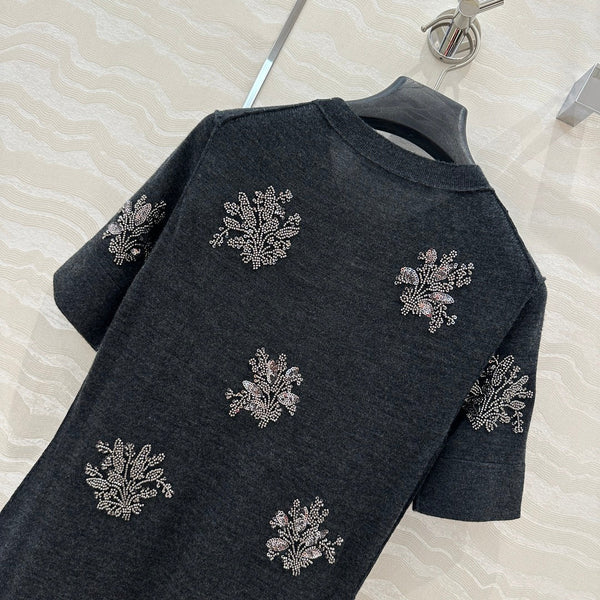 Fendi Beaded Flower Knitted Dress Black Gray Wool
