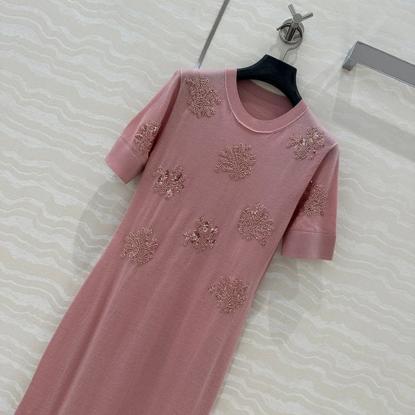 Fendi Beaded Flower Knitted Dress Pink Wool