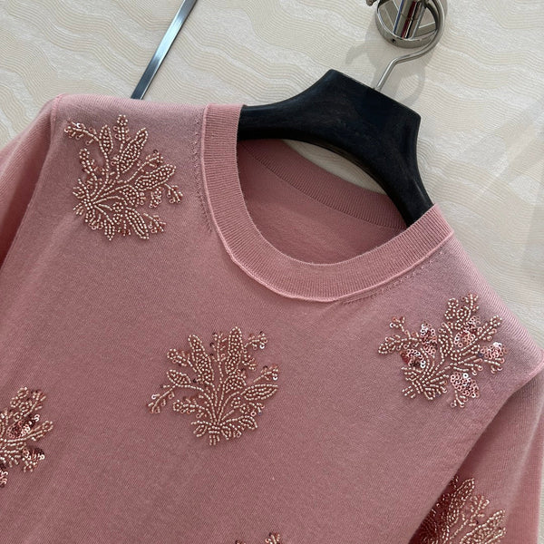 Fendi Beaded Flower Knitted Dress Pink Wool