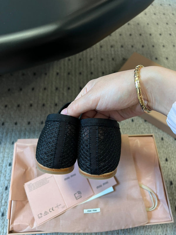 Miu 26s Ballerinas In Black Mesh Fabric With Bow