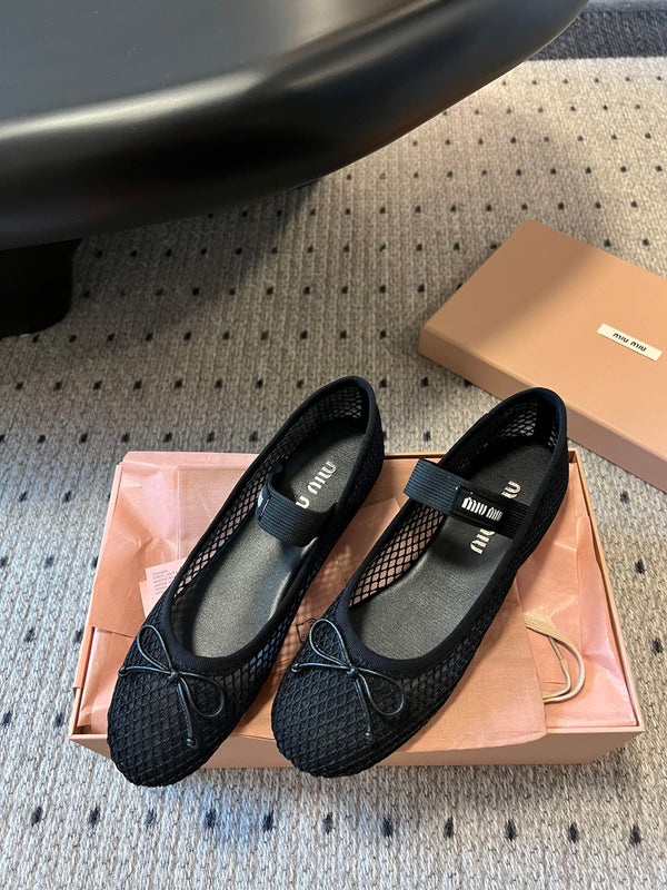 Miu 26s Ballerinas In Black Mesh Fabric With Bow