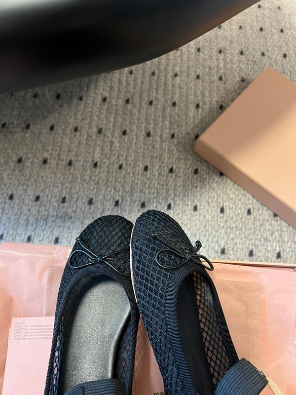 Miu 26s Ballerinas In Black Mesh Fabric With Bow