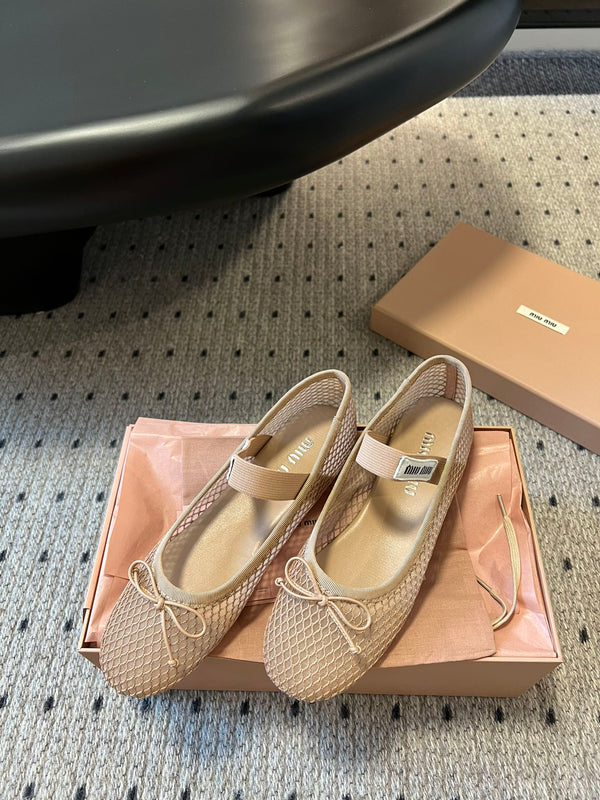Miu 26s Ballerinas In Beige Mesh Fabric With Bow