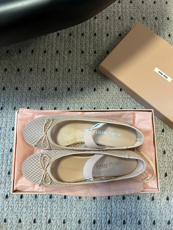 Miu 26s Ballerinas In Beige Mesh Fabric With Bow