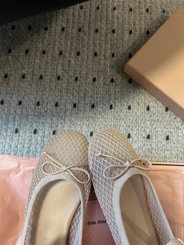 Miu 26s Ballerinas In Beige Mesh Fabric With Bow