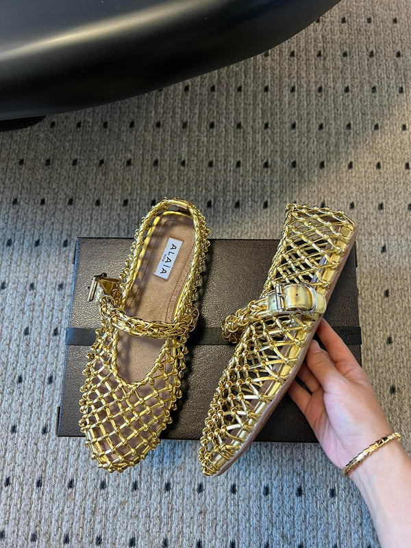 Alaia 25 Woven Ballet Flats Gold Metallic Leather 303675