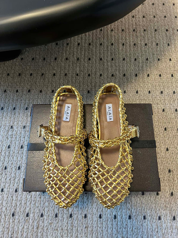Alaia 25 Woven Ballet Flats Gold Metallic Leather 303675