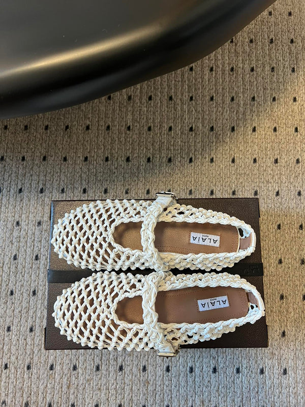 Alaia 25 Braided Ballet Flats White Cowhide 303676