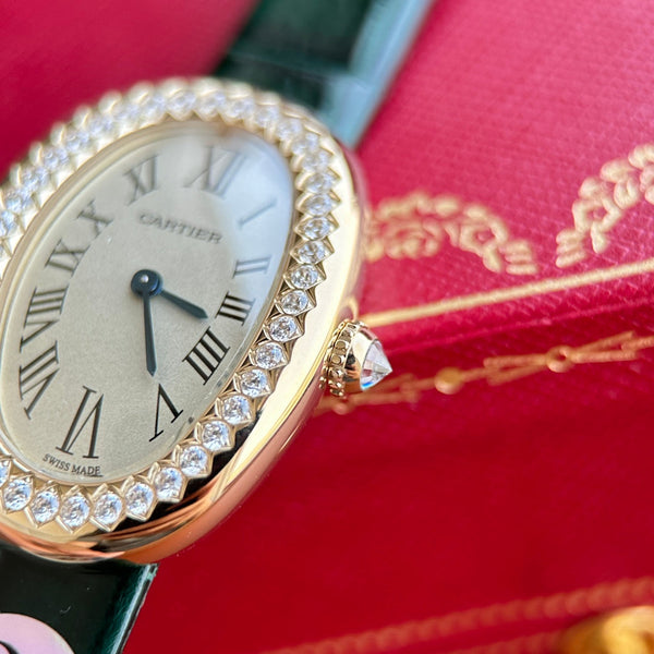 Baignoire 23mm cassa in oro rosa lunetta con diamanti cinturino in pelle verde scuro