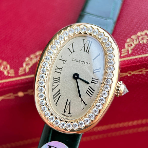 Baignoire 23mm cassa in oro rosa lunetta con diamanti cinturino in pelle verde scuro