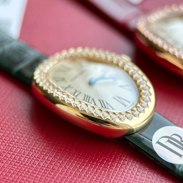 Baignoire 23mm cassa in oro rosa lunetta con diamanti cinturino in pelle verde scuro