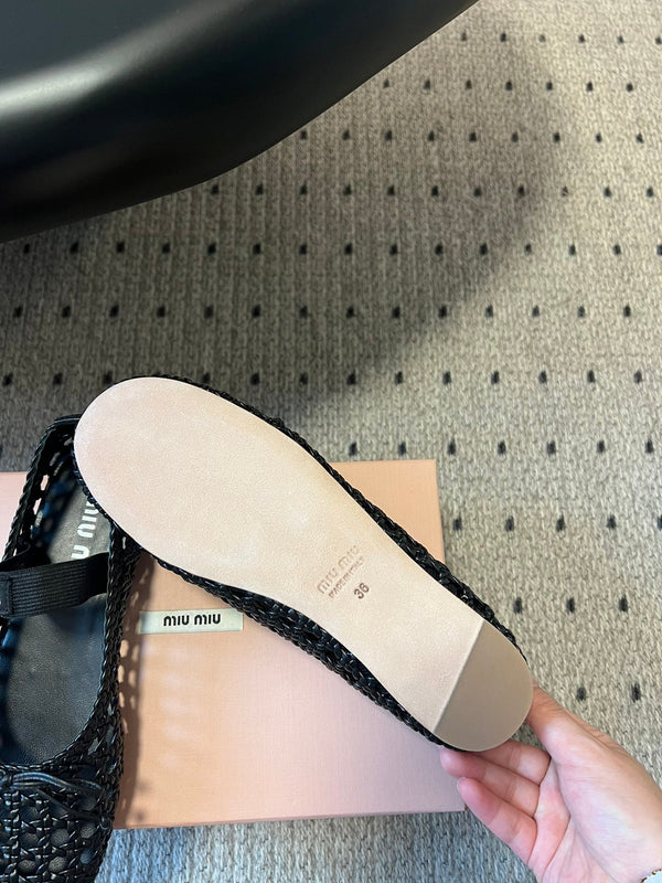 Miu 26s Ballerina Flats In Black Mesh Sheepskin