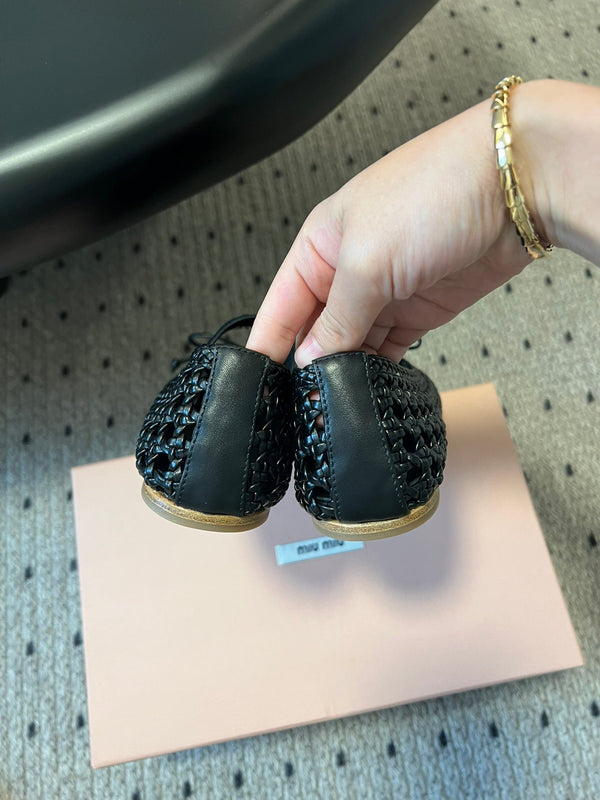 Miu 26s Ballerina Flats In Black Mesh Sheepskin