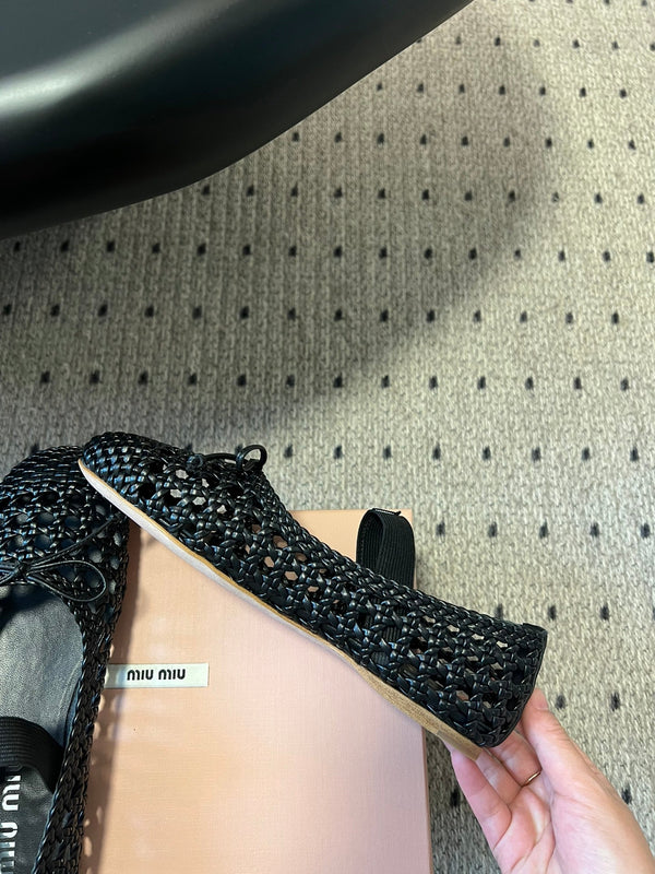 Miu 26s Ballerina Flats In Black Mesh Sheepskin