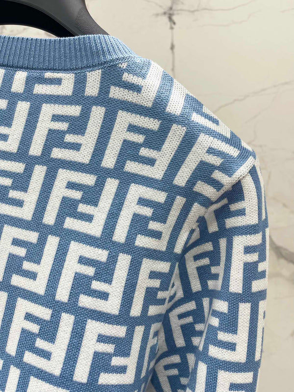 Fendi Double f Letter Knitted Cardigan Steel Blue Wool