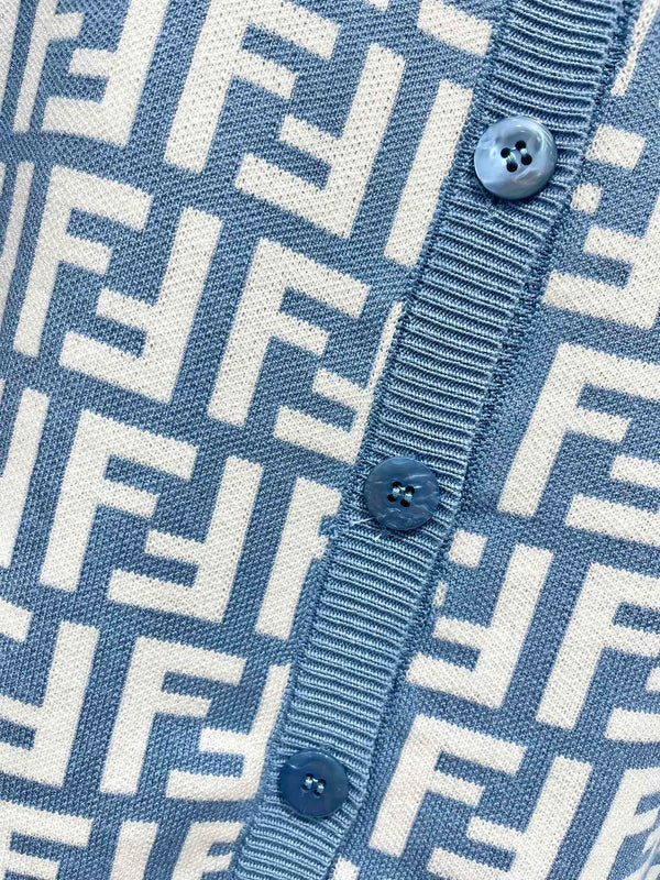 Fendi Double f Letter Knitted Cardigan Steel Blue Wool