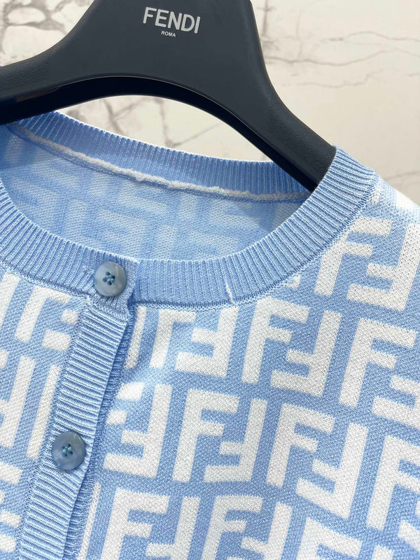 Fendi Double f Letter Knitted Cardigan Blue Wool