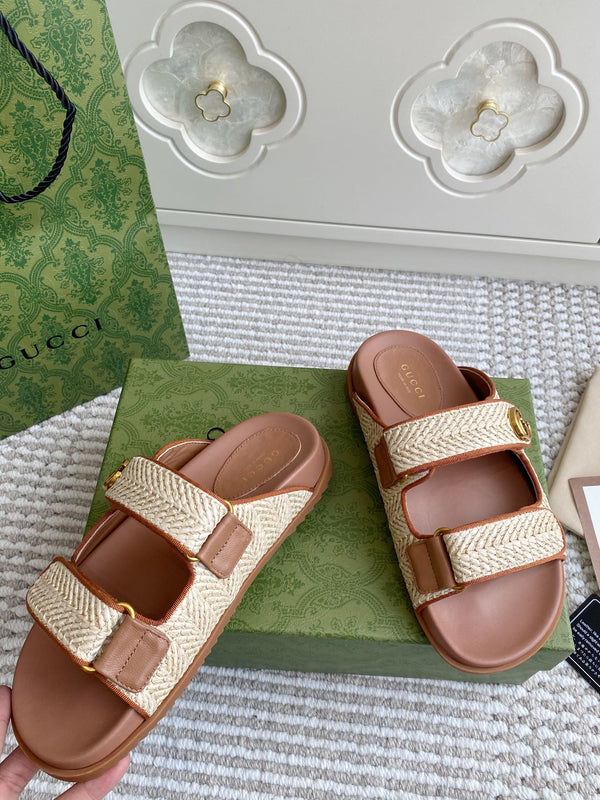 GC sandal with Double G Brown mix Beige Canvas Sheepskin 291016