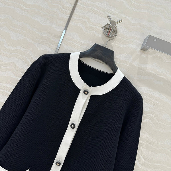 CD Round Neck Cardigan Jacket Black Wool Cotton