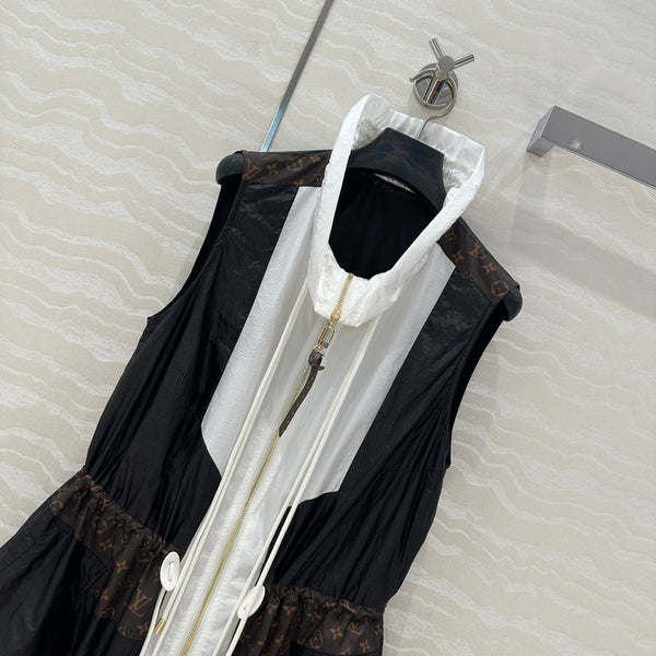 LV Classic Monogram patchwork Contrast Design Dress Black White Polyester