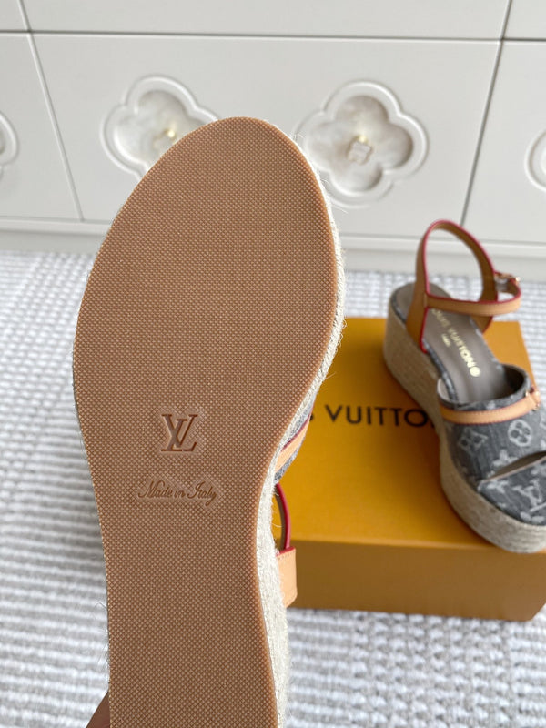 LV Grey Denim Monogram Wedge Sandals 7.5cm Grey Sheepskin Lining 291577