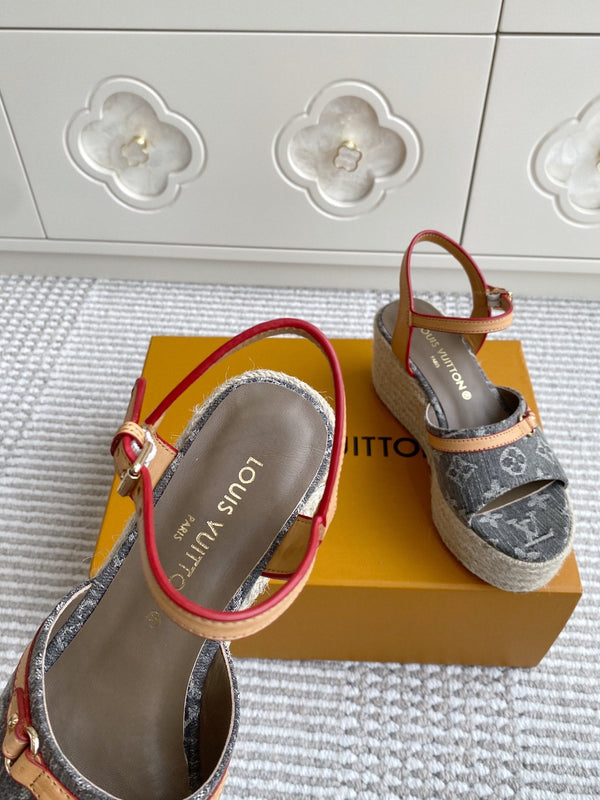 LV Grey Denim Monogram Wedge Sandals 7.5cm Grey Sheepskin Lining 291577