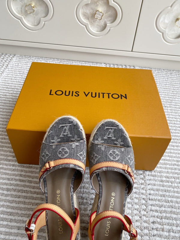 LV Grey Denim Monogram Wedge Sandals 7.5cm Grey Sheepskin Lining 291577