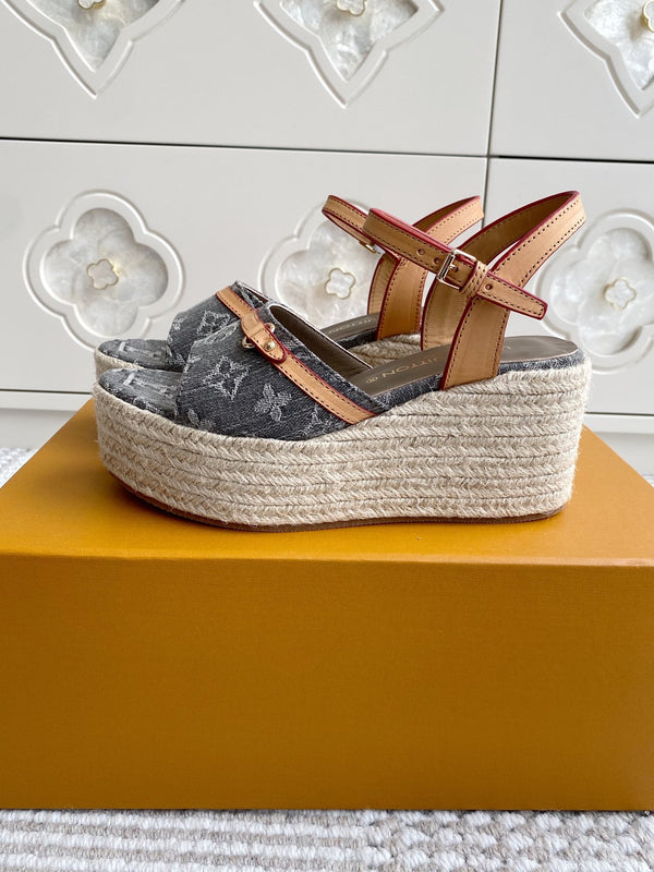 LV Grey Denim Monogram Wedge Sandals 7.5cm Grey Sheepskin Lining 291577