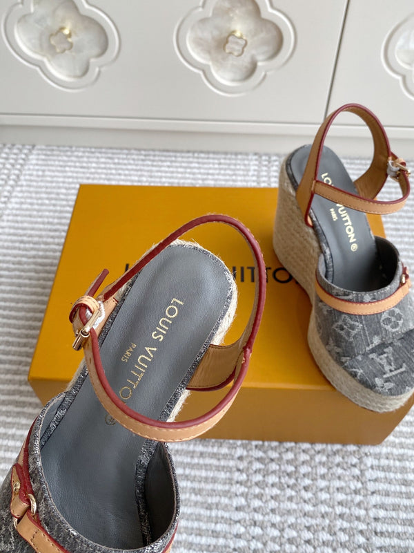 Sandali con zeppa LV Grey Denim Monogram 11,5 cm Fodera in pelle di pecora grigia 291578
