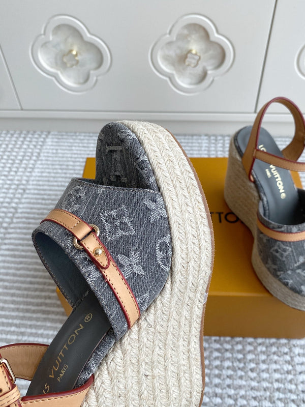 Sandali con zeppa LV Grey Denim Monogram 11,5 cm Fodera in pelle di pecora grigia 291578