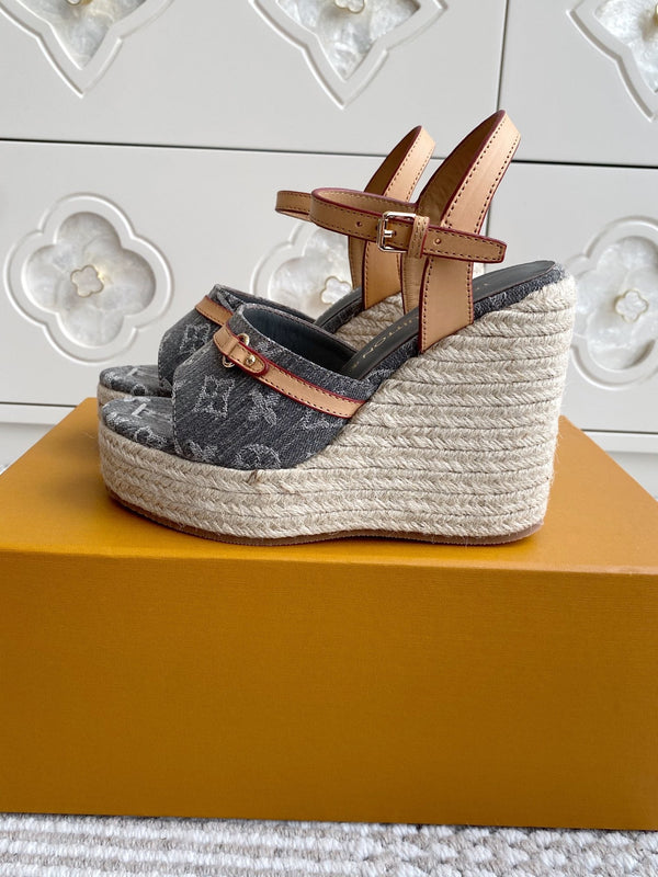 Sandali con zeppa LV Grey Denim Monogram 11,5 cm Fodera in pelle di pecora grigia 291578