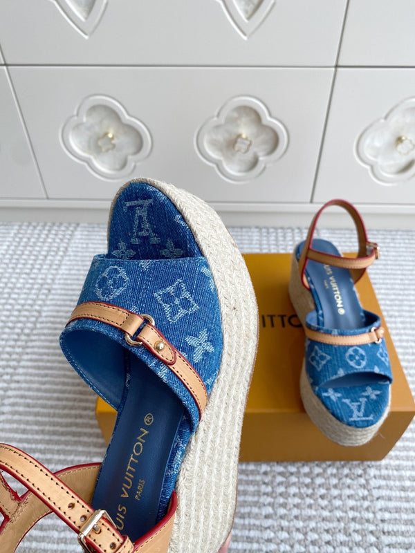 Sandali con zeppa LV Blue Denim Monogram 7,5 cm Fodera in pelle di pecora blu 291579