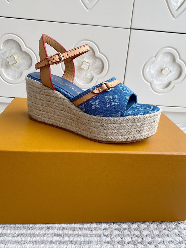 Sandali con zeppa LV Blue Denim Monogram 7,5 cm Fodera in pelle di pecora blu 291579