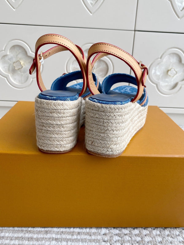 Sandali con zeppa LV Blue Denim Monogram 7,5 cm Fodera in pelle di pecora blu 291579