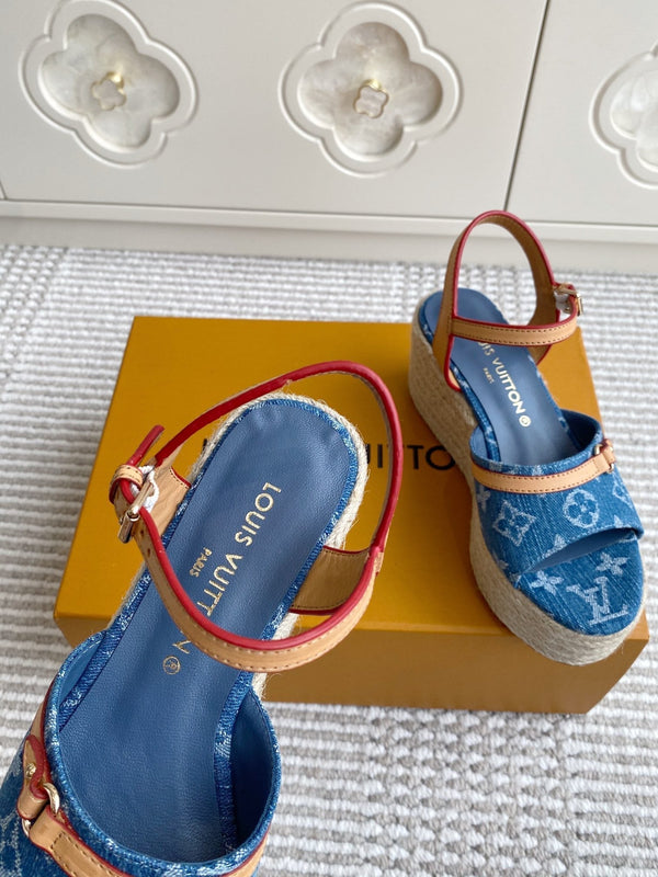 Sandali con zeppa LV Blue Denim Monogram 7,5 cm Fodera in pelle di pecora blu 291579