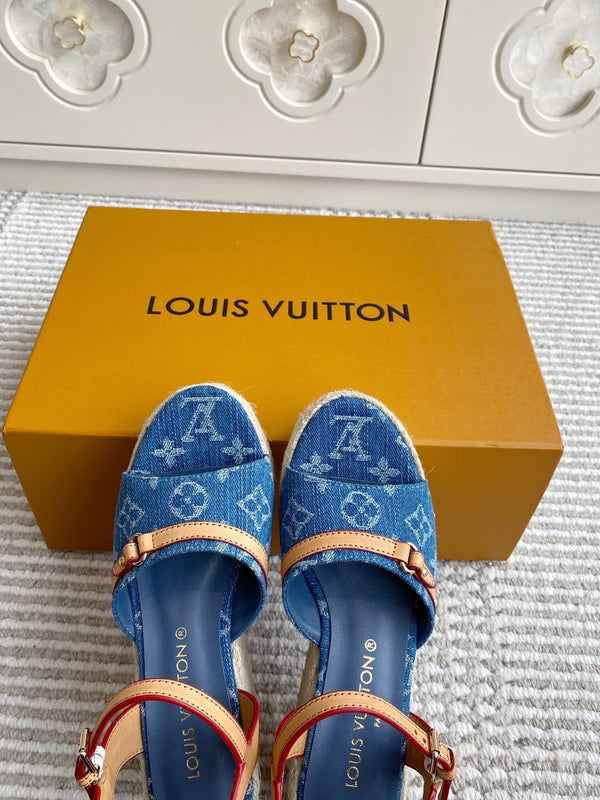 Sandali con zeppa LV Blue Denim Monogram 7,5 cm Fodera in pelle di pecora blu 291579