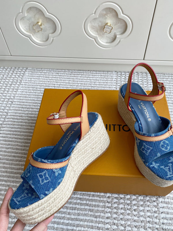 Sandali con zeppa LV Blue Denim Monogram 7,5 cm Fodera in pelle di pecora blu 291579