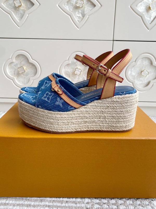 Sandali con zeppa LV Blue Denim Monogram 7,5 cm Fodera in pelle di pecora blu 291579