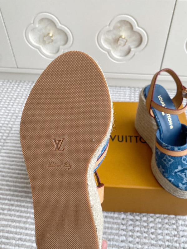 LV Blue Denim Monogram Wedge Sandals 11.5cm Blue Sheepskin Lining 291580