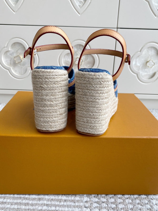 LV Blue Denim Monogram Wedge Sandals 11.5cm Blue Sheepskin Lining 291580