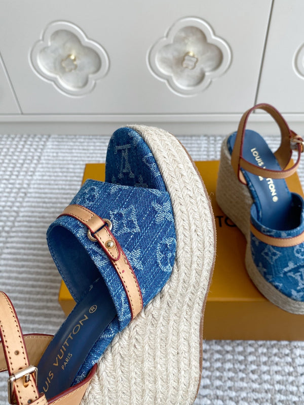 LV Blue Denim Monogram Wedge Sandals 11.5cm Blue Sheepskin Lining 291580