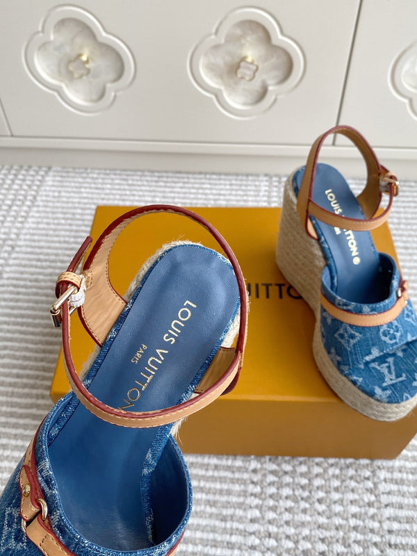 LV Blue Denim Monogram Wedge Sandals 11.5cm Blue Sheepskin Lining 291580